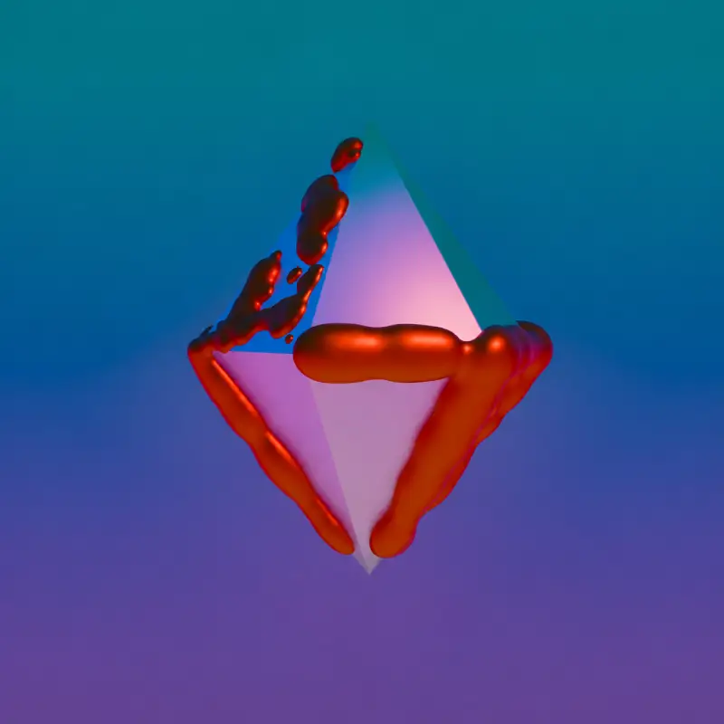 Translucent faceted geometric form surrounded by glossy red shapes against a blue and purple background