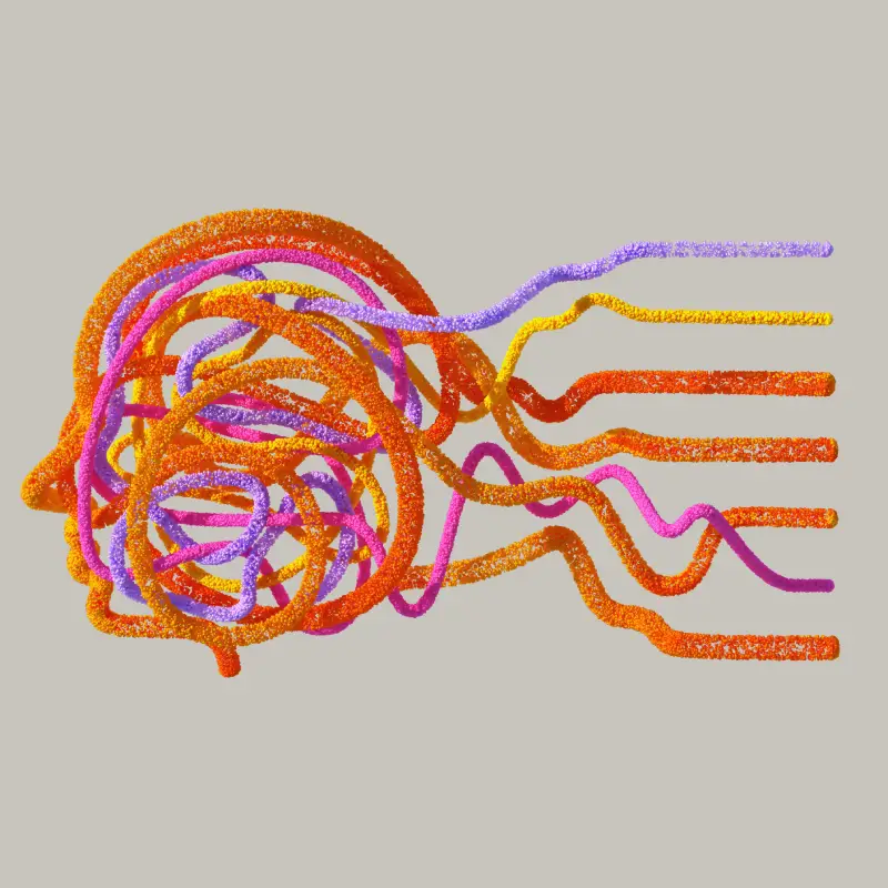 Interwoven orange, pink and purple strands extending from a tangled circular form