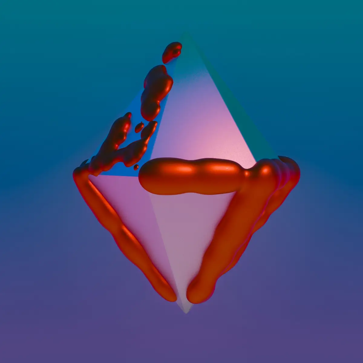 Translucent faceted geometric form surrounded by glossy red shapes against a blue and purple background