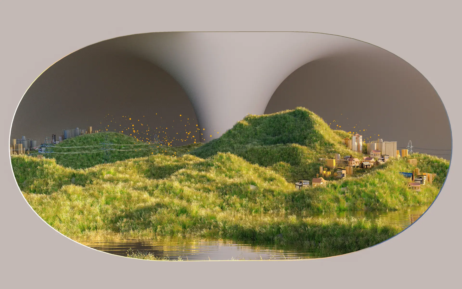 Green moss landscape seen through rounded openings in a pale sculptural structure
