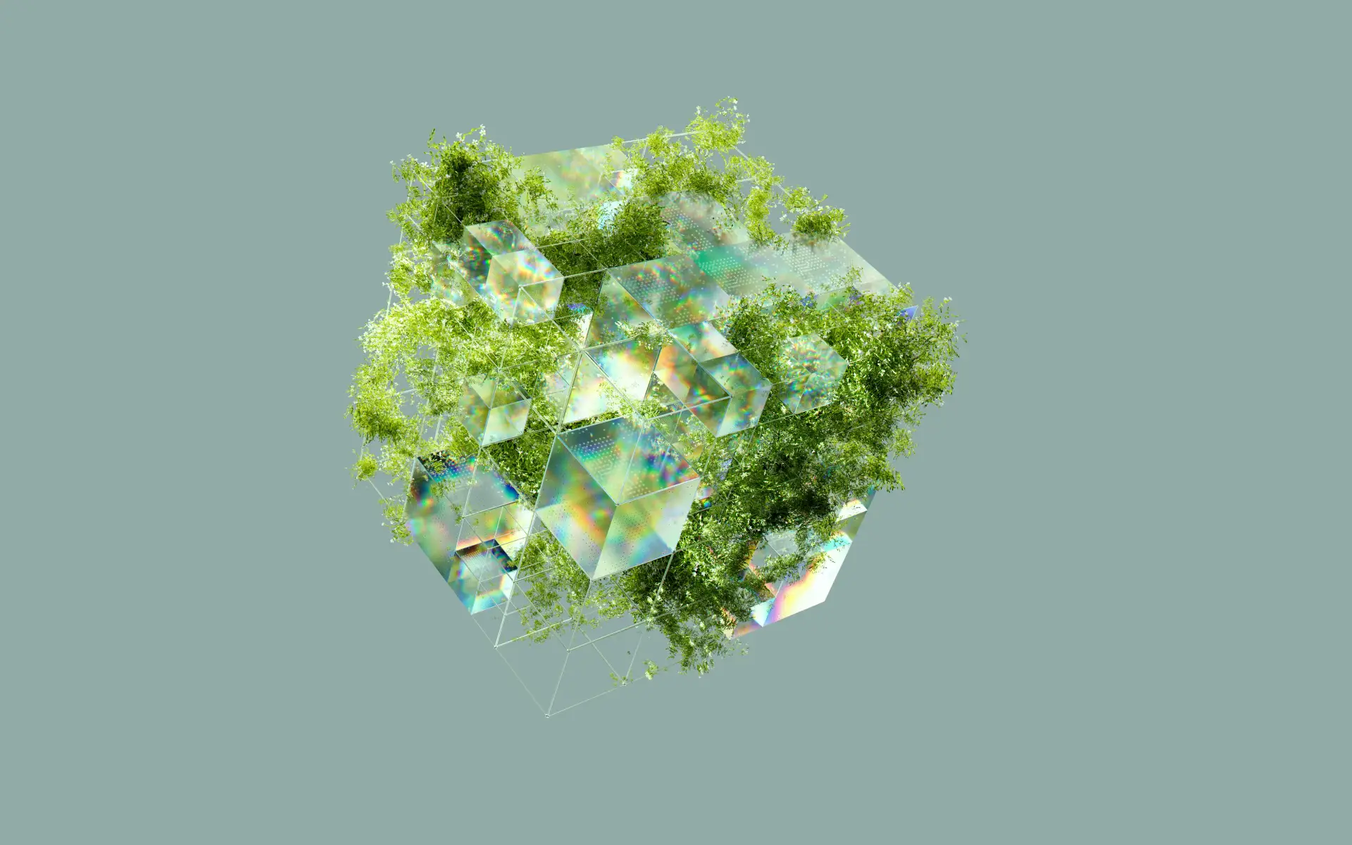 Floating cluster of green crystalline and moss-like forms against a muted green background