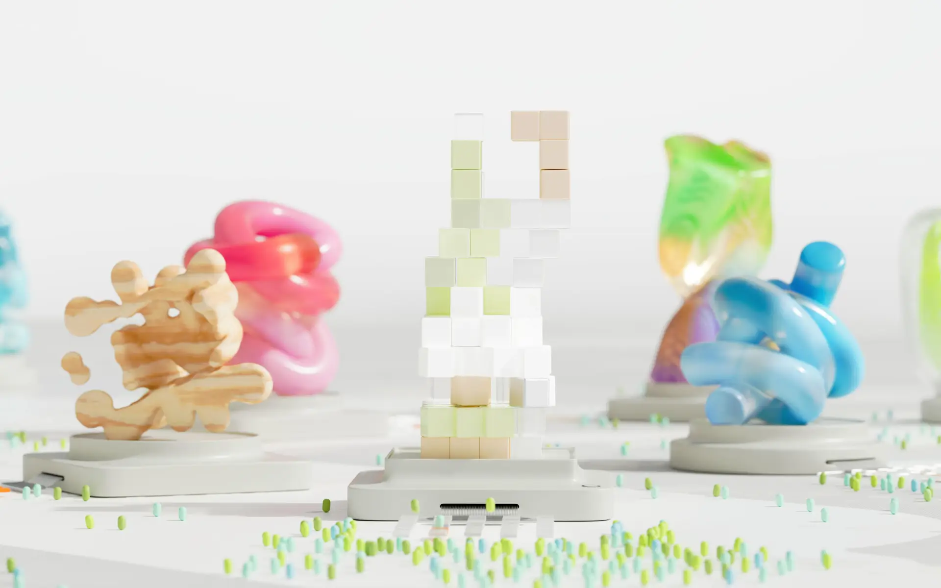 Colourful abstract sculptures arranged on white platforms around stacked geometric blocks