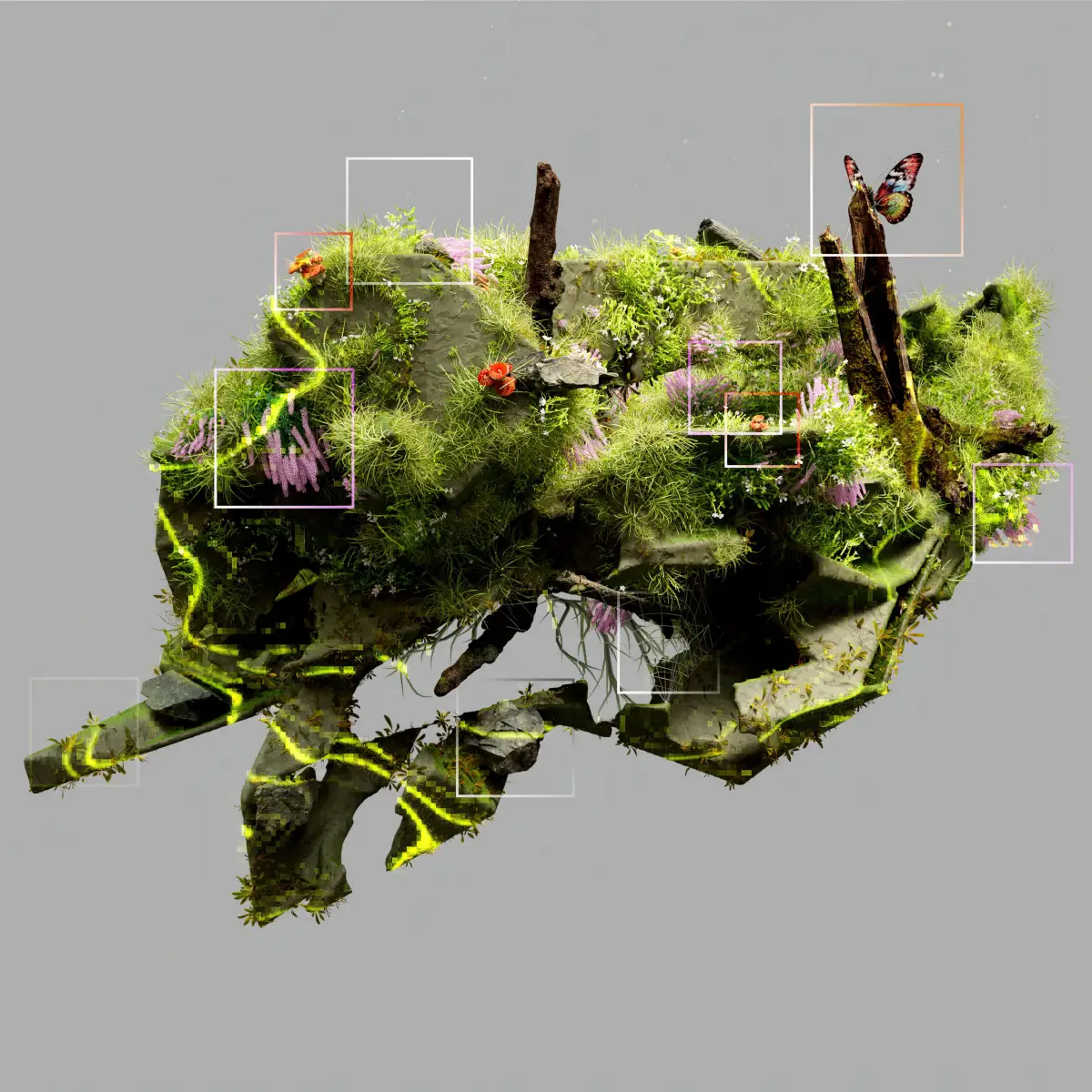 Floating moss-covered rocky island with dark upright structures and fine rectangular frames