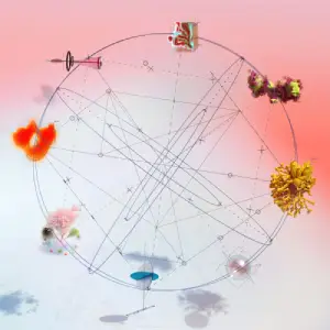 Colourful abstract objects connected by fine lines around a circular frame on a pink background