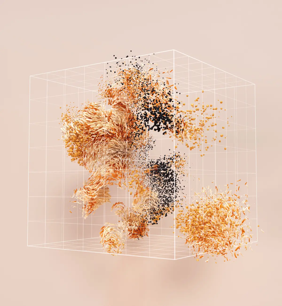 Orange and pale particle clusters suspended within a fine rectangular framework
