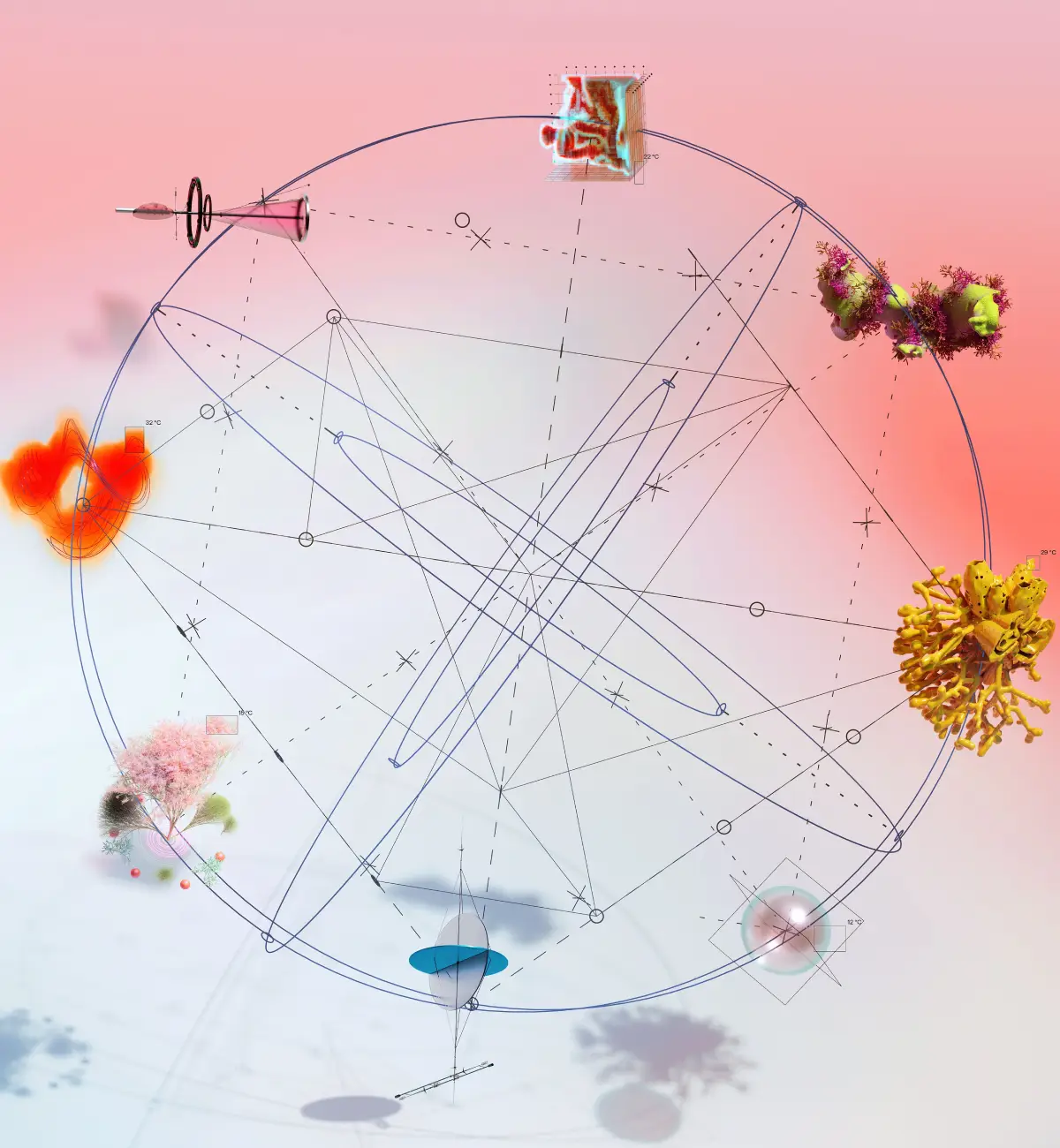 Colourful abstract objects connected by fine lines around a circular frame on a pink background