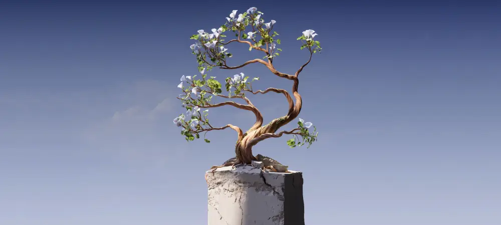 Small tree with a twisting trunk growing from a weathered stone pedestal against a blue background
