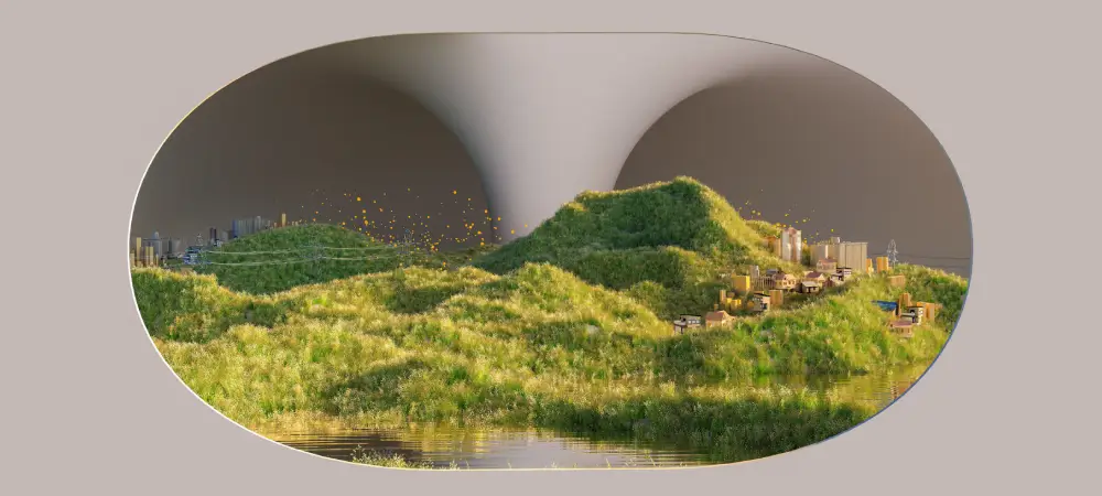 Green moss landscape seen through rounded openings in a pale sculptural structure