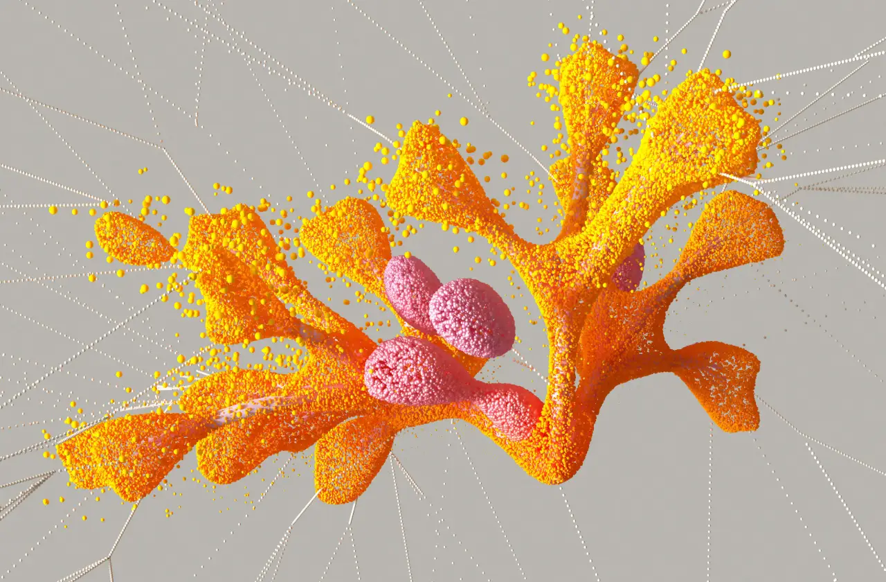 Branching orange and pink particle sculpture crossed by fine connecting lines