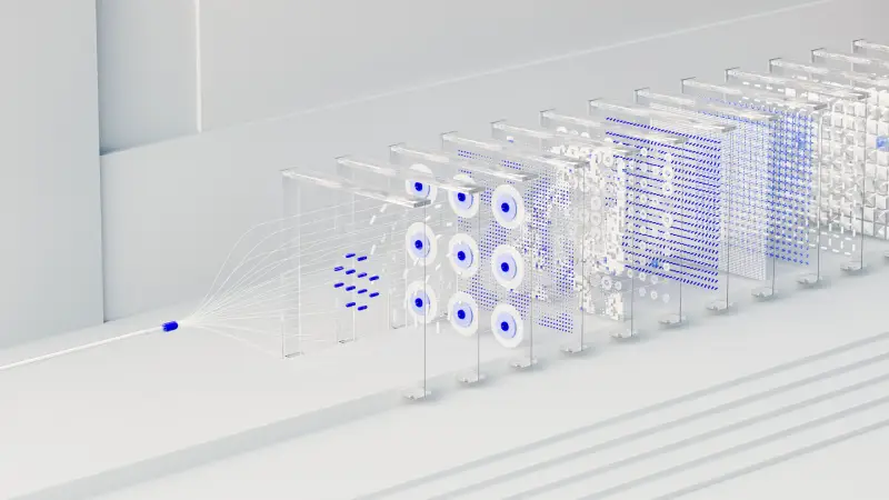 Transparent modular structures with purple circular elements and fine grids on a stepped white platform