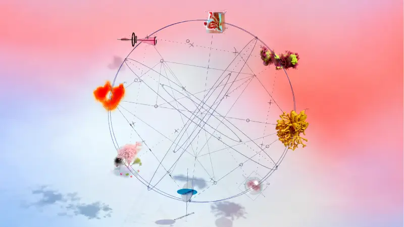 Colourful abstract objects connected by fine lines around a circular frame on a pink and blue background